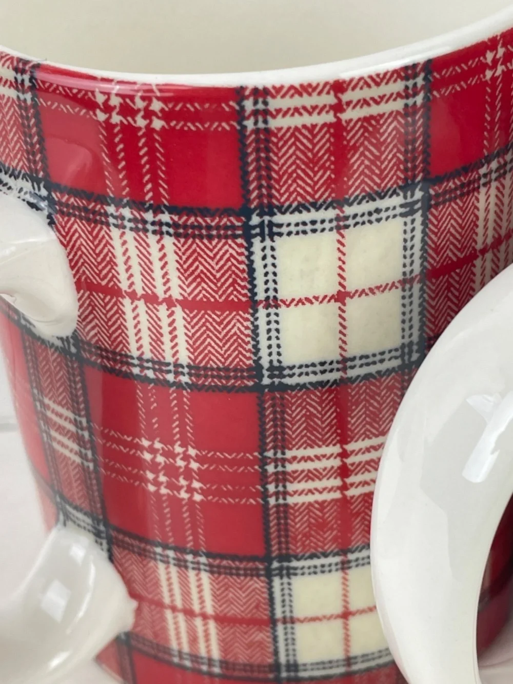 Pottery Barn Red Plaid Flannel Winter Christmas Ceramic Coffee Mugs - Pair